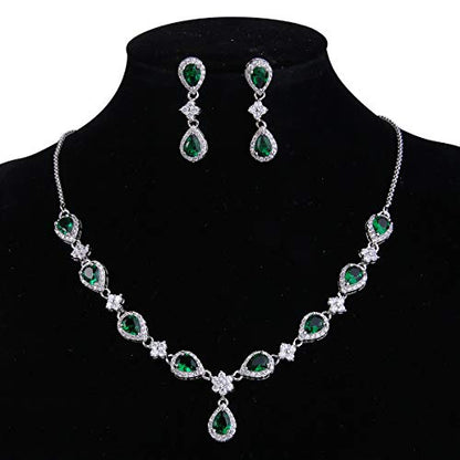 EleQueen Women's Silver-Tone Cubic Zirconia Teardrop Flower Bridal V-Necklace Sets Tennis Bracelet Dangle Earrings for Wedding Bridesmaids - color: Emerald Color