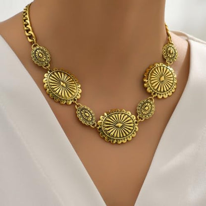 MALOYANVE Western Concho Jewelry Set for Women Vintage Sunburst Oval Choker Necklace Earrings Open Cuff Bracelet Boho Southwest Cowgirl Statement Accessories Country Concert Outfits