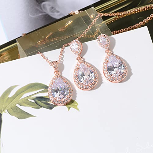 Bridal Jewelry Set for Wedding - 18k Plated Teardrop CZ Crystal Cubic Zirconia Rhinestone Necklace Earrings Set for Bride Bridesmaids Mother of Bride Party Prom Birthstone Costume Jewelry - color: 14k rose gold plated