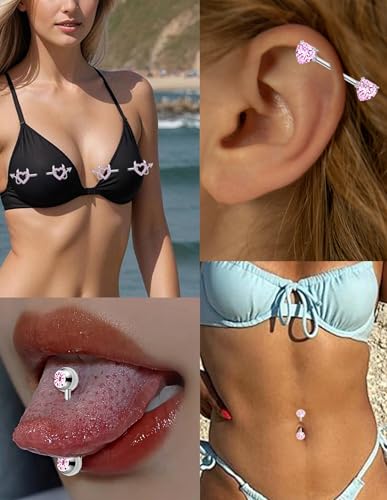 7 Pairs Nipple Rings for Women 14G Stainless Steel Pink CZ Heart Devil Acrylic Ball Straight Barbell Nipple Bars Tongue Rings Set Cute Nipplerings Piercing Jewelry Sliver Tone - color: Pink
