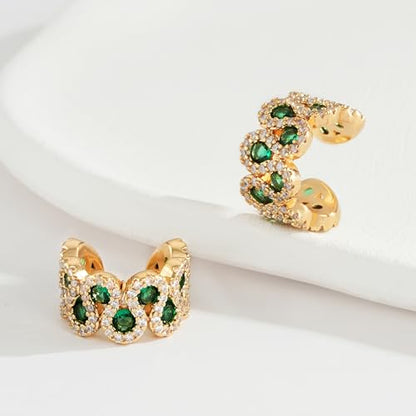 Gold Ear Cuff Earring for Women 14K Gold Plated Cubic Zirconia Non-Pierced Clip on Cartilage Chunky Ear Cuffs Hypoallergenic Jewelry - style: green cz / pair