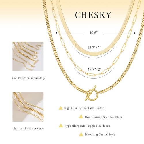 CHESKY 14K Gold Plated Layered Chain Necklace for Women | Trendy Cuban Link Chain, Chunky Paperclip Chain, Toggle Clasp Necklace, Fashion Gold Jewelry, Daily Gift for Women - style: chain3-gd