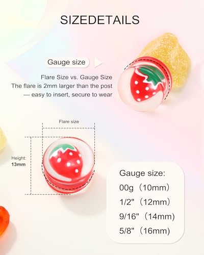 2PCS Strawberry Ear Gauges 00g to 5/8'' Simulated Strawberry Resin Plugs Saddle Double Flared Tunnels Stretcher Expander Ear Plug Expanders Acrylic Ear Gauges Piercing Jewelry - size: 16mm