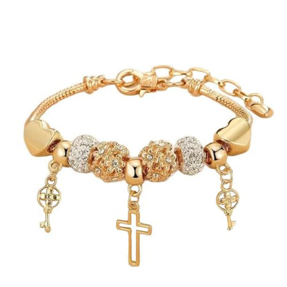 Gold Charm Bracelet for Women, Adjustable Cross Bracelet with Heart Charms & Bling Beads, Cute Dainty Jewelry Gift for Her