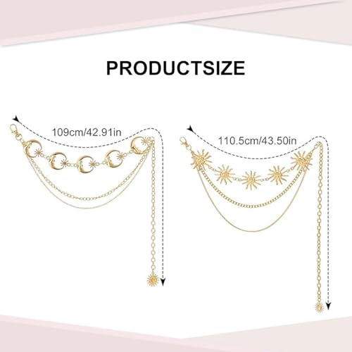 2Pcs Layered Waist Chains Boho Belt for Women Gold Multilayer Metal Adjustable Fashion Accessories Dress Hip Chain Belt Adjustable Body Belly Chain with Moon Star Sun