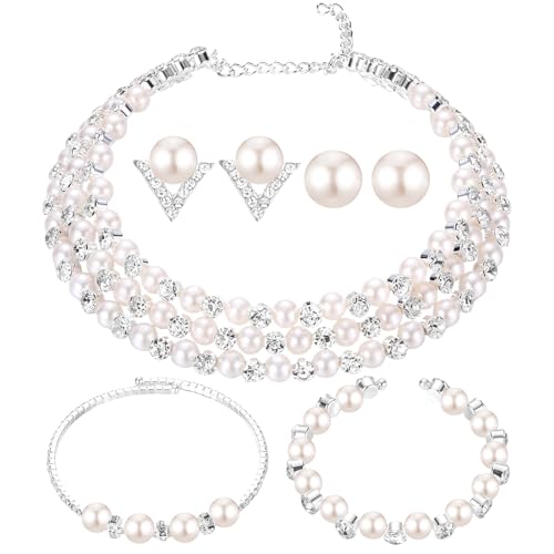 Glenmal Pearl Rhinestone Jewelry Set for Women Pearl Necklace Bracelet Earrings for Wedding Halloween Bridal Shower Tea Party - style: Exquisite Style