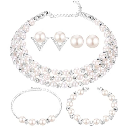 Glenmal Pearl Rhinestone Jewelry Set for Women Pearl Necklace Bracelet Earrings for Wedding Halloween Bridal Shower Tea Party - style: Exquisite Style