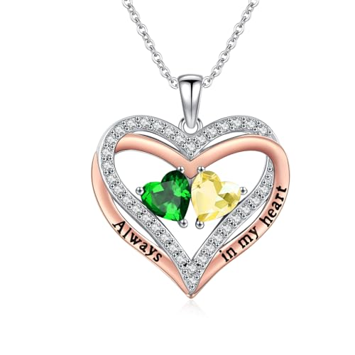 Heart Birthstone Necklace for Women 14K Rose Gold/White Gold Filled Overlapping Double Hearts Pendant Anniversary Valentine's Day Birthday Mother's Day Christmas Gifts for Wife Mom Daughter Her - color: 05-11-May-Nov Birthstone-A, style: Double-Layered Lo