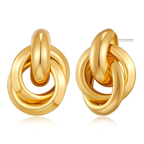 Gold Chunky Earrings for Women Geometric Knot Link Drop Dangle Earrings 14K Gold Plated Statement Earrings Trendy Gold Jewelry - color: Style 6-Gold