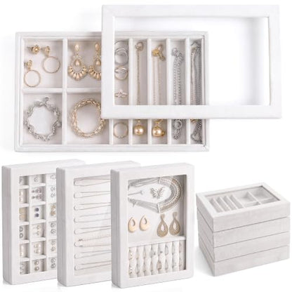 SiliFine Set of 4 Large Stackable Velvet Jewelry Trays with 4 Lids,Beige - color: Beige