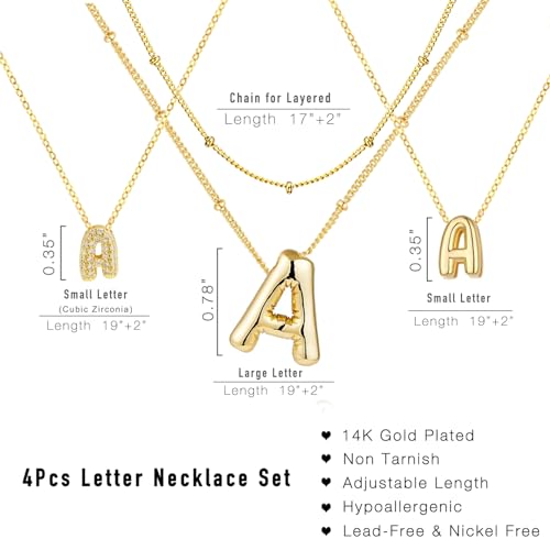 stino 4PCs Bubble Initial Letter Necklace Set, No Tarnish 14K Gold Plated Alphabet Pendant, Jewelry for Women - style: Aa
