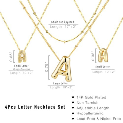 stino 4PCs Bubble Initial Letter Necklace Set, No Tarnish 14K Gold Plated Alphabet Pendant, Jewelry for Women - style: Aa