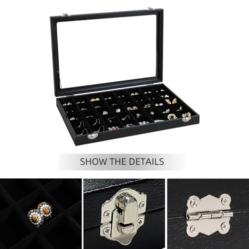 Wudygirl Earring Organizer Leather Jewelry Tray with Lid 13.7"x9.4" Black | 40 Grid Jewelry Organizer with Velvet Liner, Ideal for Jewelry Storage, Dresser Drawer or Gift, Dustproof Design - style: 40 Grid Tray