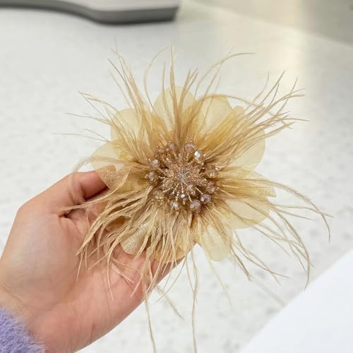 4" Crystal Feather Flower Brooch Pin for Women Girls Dainty Bright Satin Rhinestone Floral Brooches Lapel Hair Pins Elegant Wedding Cocktail Prom Party Hat Bag Suit Clothing Dress Accessories Jewelry Gift - color: Gold