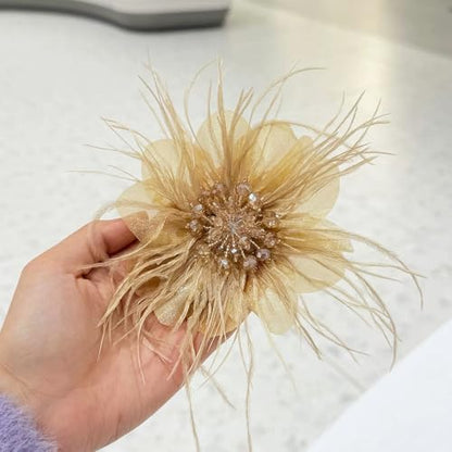 4" Crystal Feather Flower Brooch Pin for Women Girls Dainty Bright Satin Rhinestone Floral Brooches Lapel Hair Pins Elegant Wedding Cocktail Prom Party Hat Bag Suit Clothing Dress Accessories Jewelry Gift - color: Gold