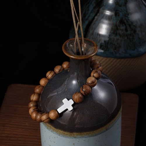 5Pcs Sandalwood Stretch Bracelets for Women Men with Hematite Stone Cross Mala Beads - color: B1