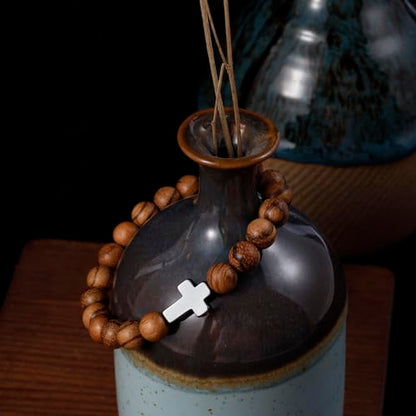 5Pcs Sandalwood Stretch Bracelets for Women Men with Hematite Stone Cross Mala Beads - color: B1