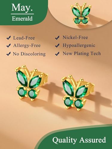 Suplight Butterfly Stud Earrings 925 Sterling Silver 14K Gold Brithstone Earrings for Women Brithstone Jewelry Gifts - color: 05.May( Emerald), size: Gold