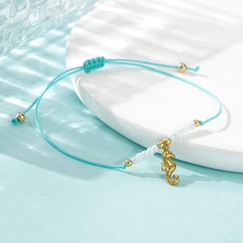 Boho Glass Seed Beaded Bracelets For Women, Handmade Romantic Gold Plated charm String Braided Rope Adjustable Jewelry, Summer Beach Daily Party Friendship Gift - color: Blue Seahorse