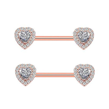 HQLA 14G Dainty CZ Love Heart Nipple Rings Tongue Ring Surgical Steel Nipple rings Piercing Women Barbells 2Pcs 25/8"(16mm) - style: Rose Gold