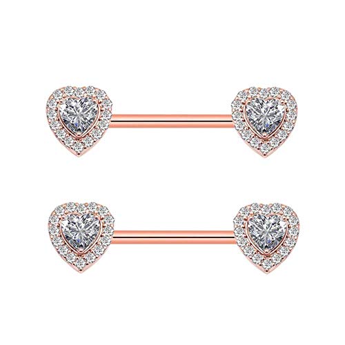 HQLA 14G Dainty CZ Love Heart Nipple Rings Tongue Ring Surgical Steel Nipple rings Piercing Women Barbells 2Pcs 25/8"(16mm) - style: Rose Gold