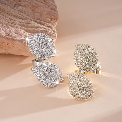 Rhinestone Finger Ring for Women Sparkly Crystal Butterfly Flower Leaf Adjustable Statement Chain Rings Punk Jewelry - color: Leaf G