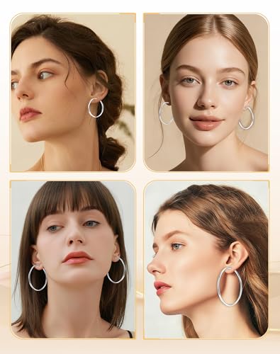4 Pairs Gold Sliver Hoop Earrings For Women, Hypoallergenic Surgic Steel | 14K Gold Plated Stainless Steel, 30/40/50/60mm, Small Medium Large Size, Thin, Lightweight - color: 4 Pairs Silver-30/40/50/60mm