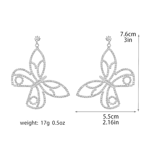 Rhinestone Earrings Dangling for Women Sparkly Silver Dangle Earrings Girls Long Chandelier Earrings Tassel Lightweight Ear Studs Cubic Zirconia (KE001S-W) - color: Bow Butterfly 516305S-W