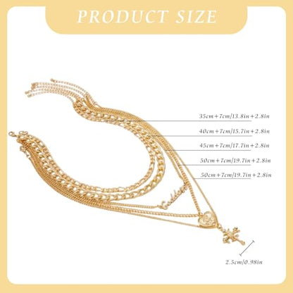 Gold-Tone Layered Necklace Set for Women Chunky Stack Big Coin Heart & Geometric Pendant Paperclip Cuban Chain Non Tarnish Fashion Elegant Layering Statement Jewelry Piece for Her
