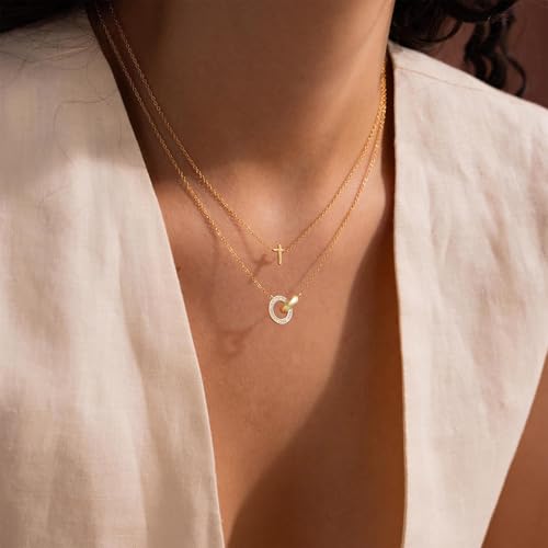 Gold Necklace for Women, Dainty 14K Gold Plated Pendant Necklaces for Women Trendy Simple Choker Chain Cubic Zirconia Circle/Interlocking/Sun/Pearl Necklace Fashion Jewelry Charm Gifts - color: CZ Smooth Double Circle