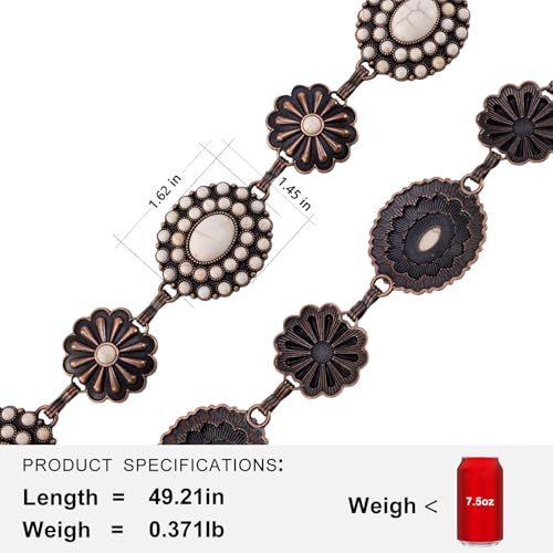 Montana West Rustic Couture's Turquoise Western Concho Chain Belt for Women | Large Western Cowgirl Metal Adjustable Boho Body Chain Belt for Dresses Jeans Country Concert - color: Angel White