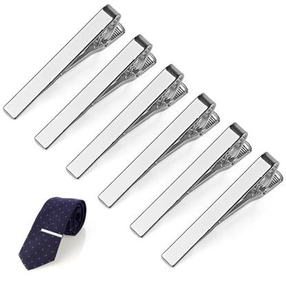 MOWPOG 6 Pcs Tie Clips for Men, Tie Bar Pins Tacks with Gift Box | Copper, Shiny & Glossy, for Father, Husband, Boyfriend, Business, Wedding, Suit Accessories, Easy to Open, Won't Fade/Scratch - color: Silver
