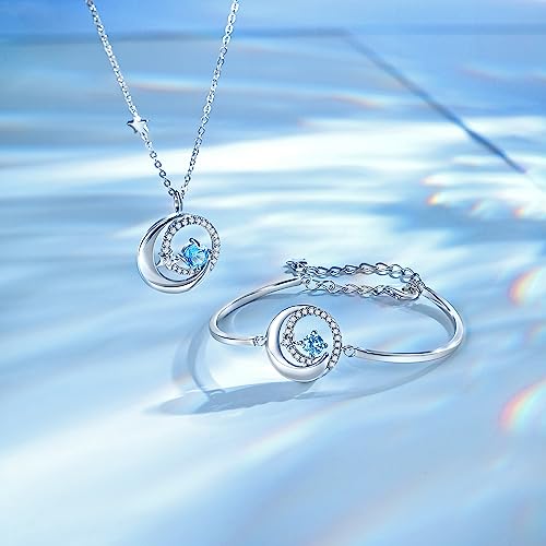 FANCIME Birthstone Necklaces 925 Sterling Silver Moon and Star Pendant Fine Jewelry Birthday Mothers Day Gifts for Mom Wife Her Daughter, Adjustable Chain 16+2" - color: Mar.- Aquamarine