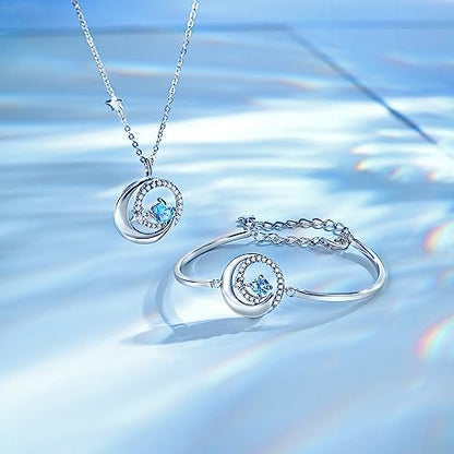 FANCIME Birthstone Necklaces 925 Sterling Silver Moon and Star Pendant Fine Jewelry Birthday Mothers Day Gifts for Mom Wife Her Daughter, Adjustable Chain 16+2" - color: Mar.- Aquamarine