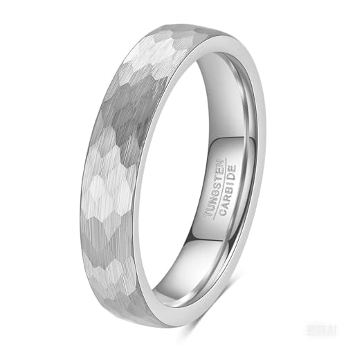 VQYSKO Hammered Tungsten Carbide Wedding Band Ring for Men Women - color: Silver 4mm