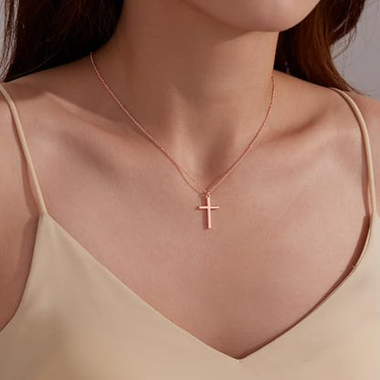 Poxtex Cross Necklace for Women Teen Girls, Dainty 14K Gold Silver Plated Cross Choker Jewelry Non Tarnish Waterproof Cute Simple Small Necklace Christian Baptism Religious Faith Jewelry Gifts - color: 04 Simple Rose Gold Cross Necklace