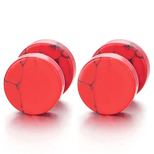 2pcs Marble Stud Earrings Men Women, Steel Cheater Fake Ear Plugs Gauges Illusion Tunnel - color: B-Red Color, size: Wide:6MM