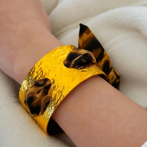 Chunky Gold Hammered Bracelets for Women, Leopard Print Scarf Big Golden Stainless Steel Cuff Bangle Silk Styling Charm Stackable Statement Jewelry Gifts - color: 3.5CM-Gold