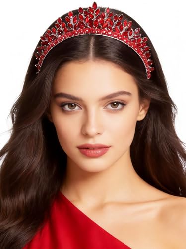 Bridal Rhinestone Headband Wedding Hair Accessories for Women, Pearl Crystal Headband Wedding Costume Headpieces for Brides Princess Quinceanera Christmas Party Prom Birthday(Red) - color: Red