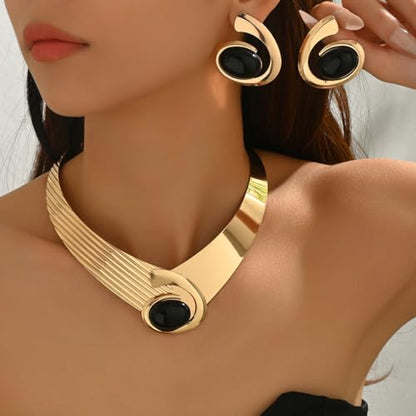 Gold Jewelry Set Vintage Spiral With Oval Black Acrylic Pendant Necklace Earrings Bracelet Ring Set Bohemian Trendy Party Jewelry For Women - style: AA