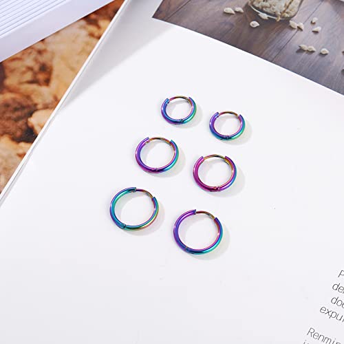 Osayia 316L Surgical Stainless Steel Small Hoop Earrings 8mm 10mm 12mm Hypoallergenic Huggie Thin Hoop Earrings Helix Lobes Hinged Sleeper Earrings Men Women for Cartilage Piercings - color: G: Rainbow (Diameter 8mm/10mm/12mm),3 Pairs