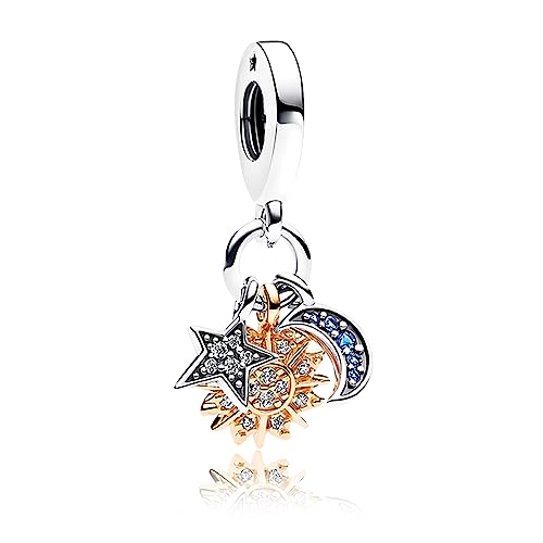 Silver Star, 14K Gold Plated Sun and Blue Moon Charm, Pave, CZ, Jewelry Gift, Birthday Christmas Mothers Valentine's Day, Couple Family Friend, Bracelets Necklaces Pendant Dangle Charm Women