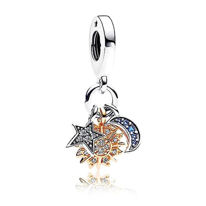 Silver Star, 14K Gold Plated Sun and Blue Moon Charm, Pave, CZ, Jewelry Gift, Birthday Christmas Mothers Valentine's Day, Couple Family Friend, Bracelets Necklaces Pendant Dangle Charm Women