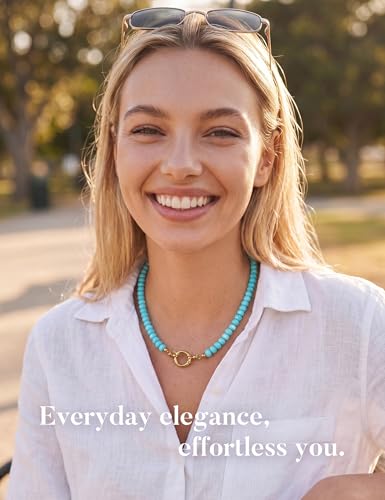 JeryWe Gemstone Beaded Necklaces for Women - Waterproof Natural Stone Handmade Choker Necklace Boho Summer Beach Jewelry, 14K Gold Plated Stainless Steel Dainty Statement Necklace Trendy Turquoise