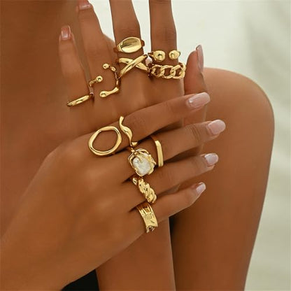 Trendy Knuckle Rings Set for Women Dainty Stackable Joint Finger Midi Rings Pack Adjustable Dome Twist Hollow Chunky Rings Statement Jewelry Mixed Size - style: C-Gold-12Pcs