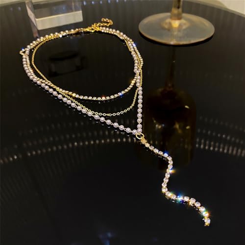 Lasso Necklace for Woman Gold And Pearl Lasso Necklace Exquisite Waterproof Adjustable Y Shaped Sun Necklaces Layered Pearl Lariat Necklaces Jewelry - color: gold2
