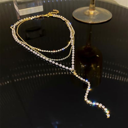 Lasso Necklace for Woman Gold And Pearl Lasso Necklace Exquisite Waterproof Adjustable Y Shaped Sun Necklaces Layered Pearl Lariat Necklaces Jewelry - color: gold2