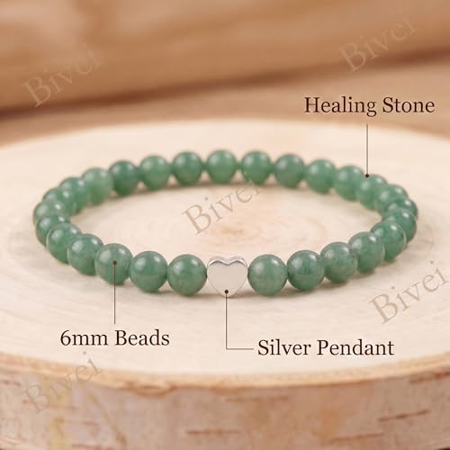 Bivei Crystal Stretch 6mm Bracelets for Women | Handmade Natural Stone Beaded Stretch Bracelet, Stainless Steel Heart Bead, Tranquility Yoga Gift Jewelry for Women - color: Green Aventurine - Growth