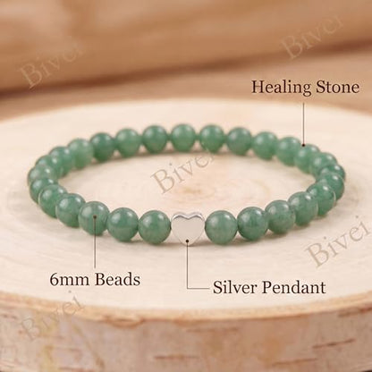 Bivei Crystal Stretch 6mm Bracelets for Women | Handmade Natural Stone Beaded Stretch Bracelet, Stainless Steel Heart Bead, Tranquility Yoga Gift Jewelry for Women - color: Green Aventurine - Growth