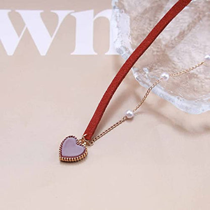 Andelaisi Boho Red Velvet Choker Necklace Vintage Pearl Heart Pendant Necklace Red Heart Necklace Love Heart Pearl Stitching Necklace Jewelry for Women